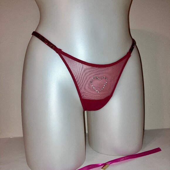 VS Shine Strap Red Rhinestone Heart Mesh Thong Panty XS - Picture 1 of 10